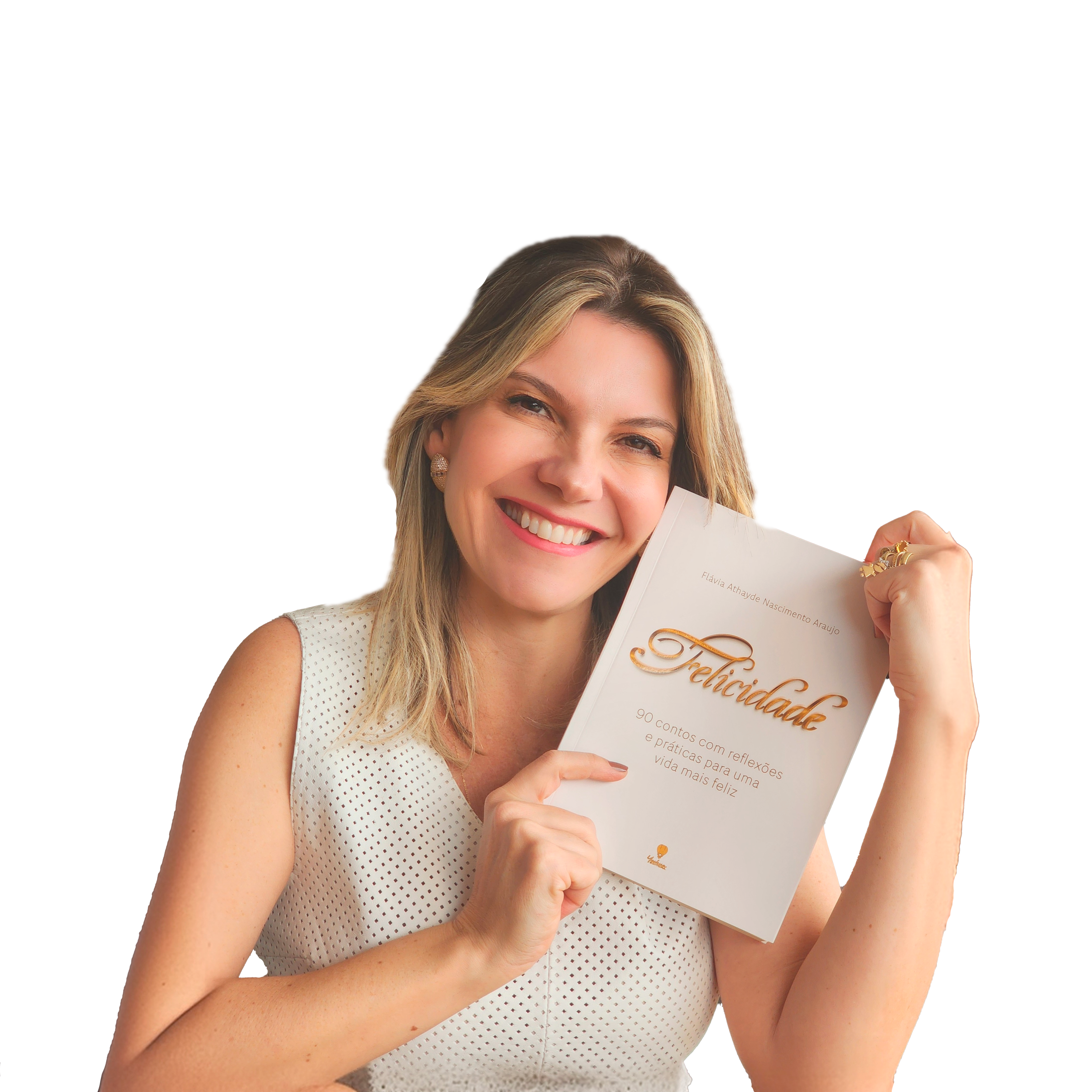 Flávia com o Livro Felicidade